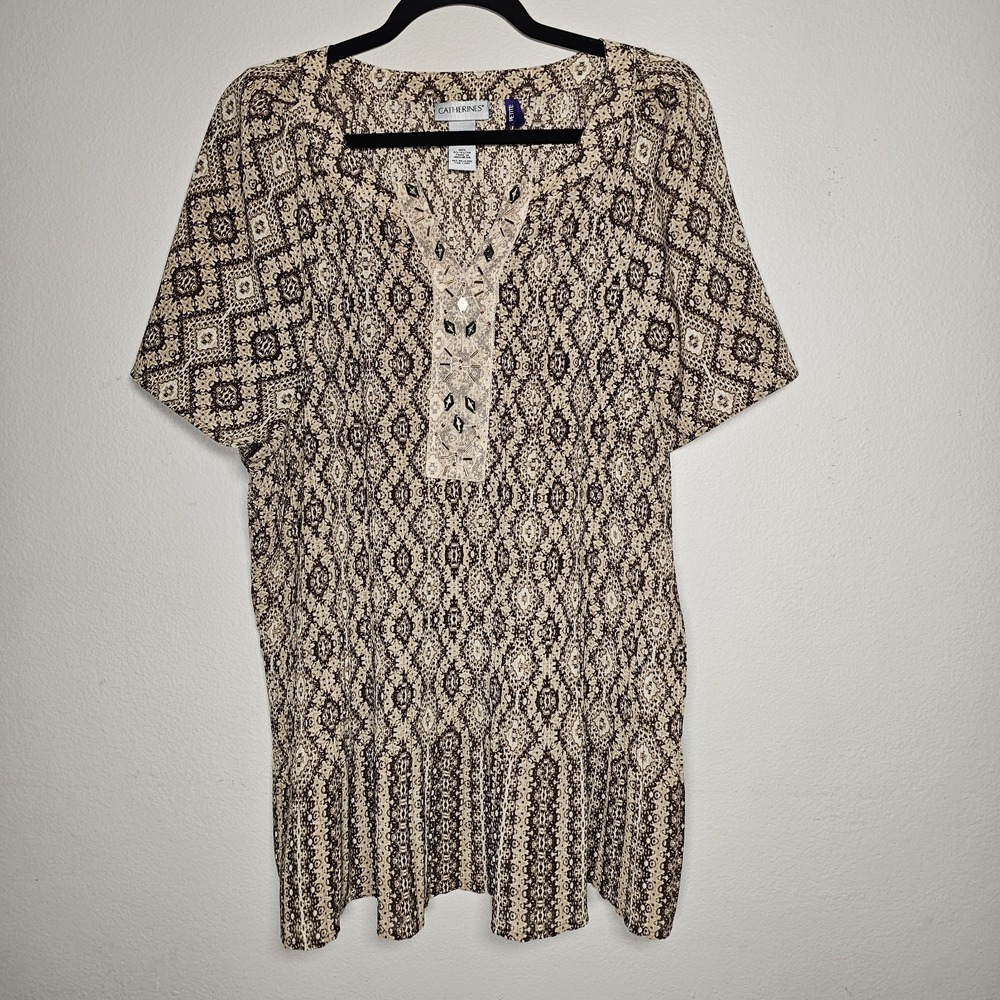 Catherines Accordion Pleat Tunic Womens 18/20 1X Petite Brown Tan Top Beaded‎
